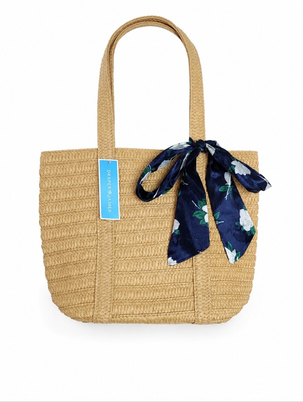 NWT Draper James Woven Straw Tote Bag Natural Navy Floral Scarf